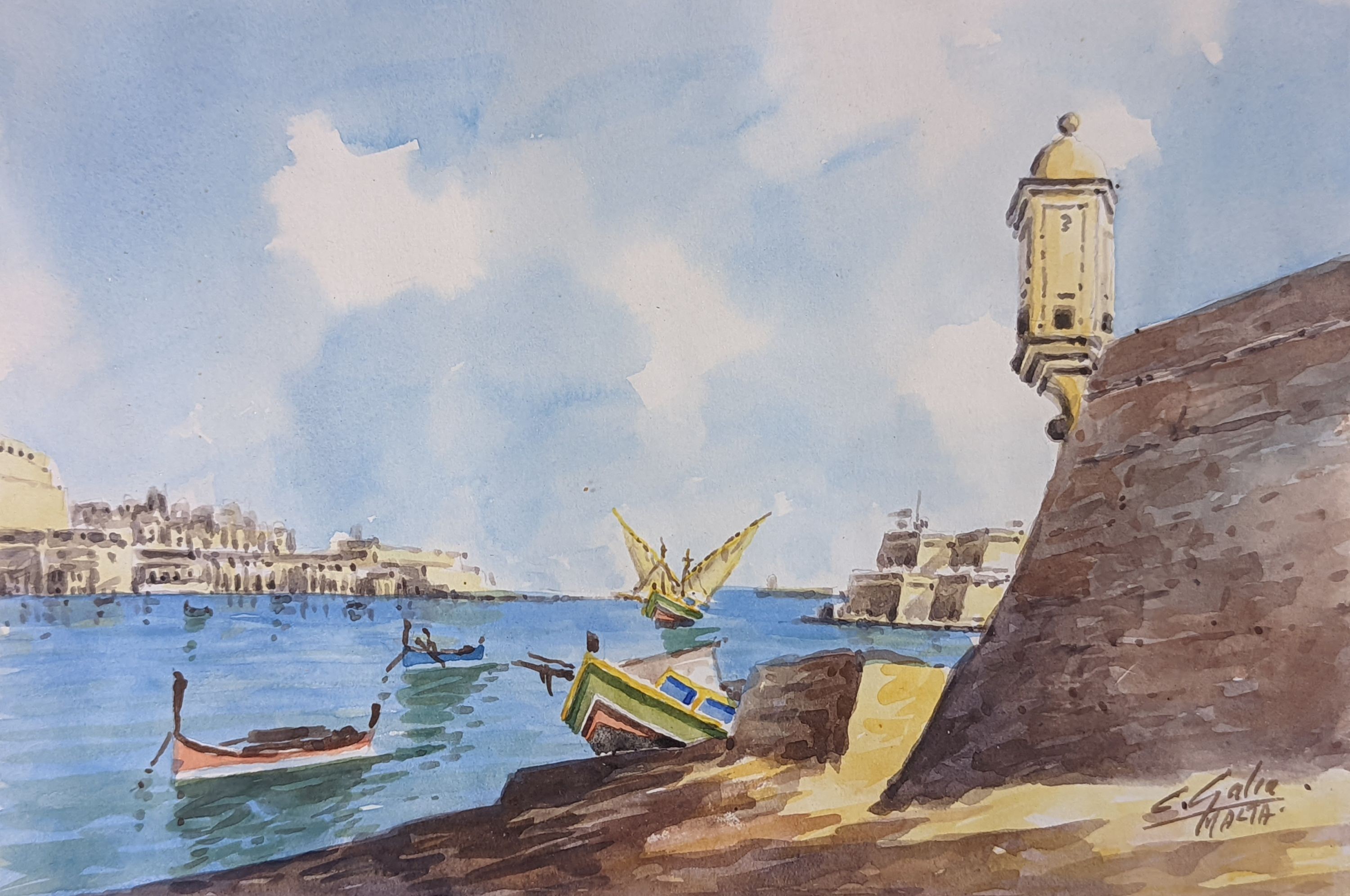 C. Galea, watercolour, Grand Harbour, Malta, signed, 17 x 25cm